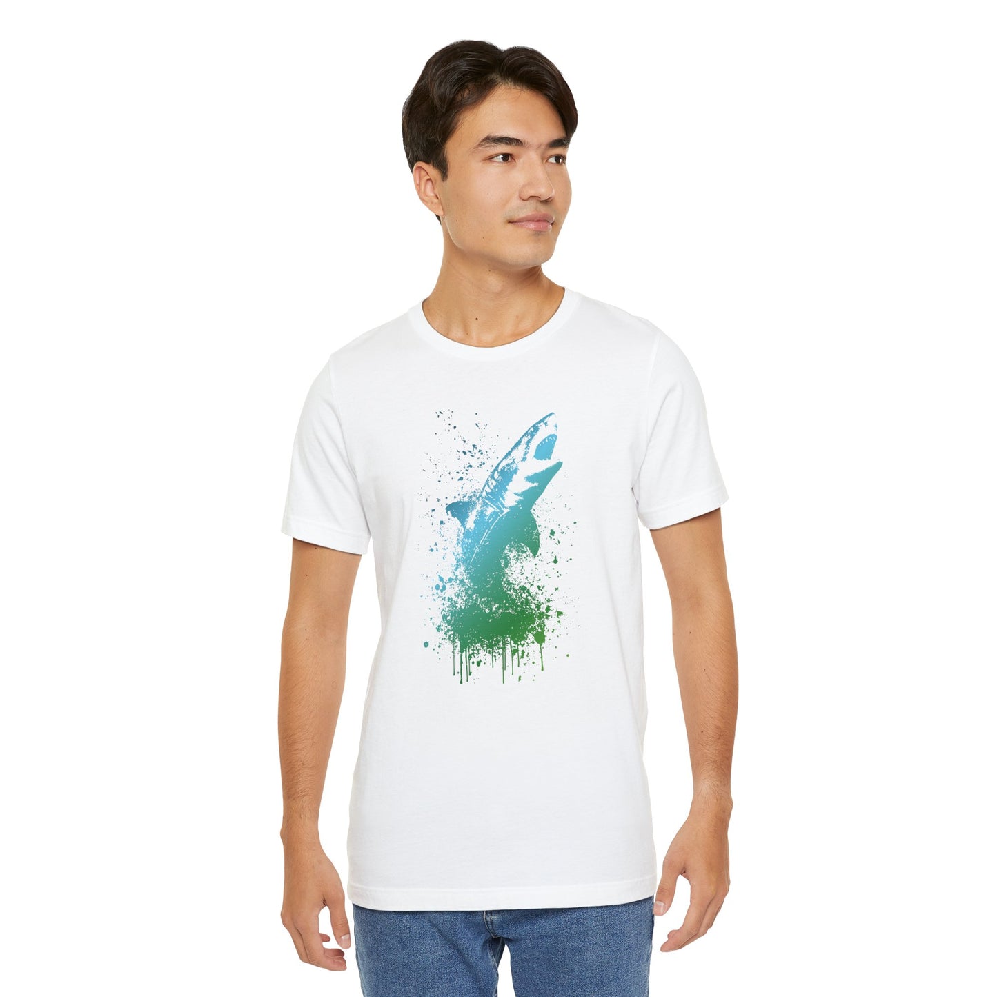 Great White Graphic Tee — Blue & Green Watercolor Shark T‑Shirt