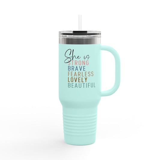 She is - 40oz Insulated Travel Mug — Large Stainless Steel Tumbler with Lid & Straw