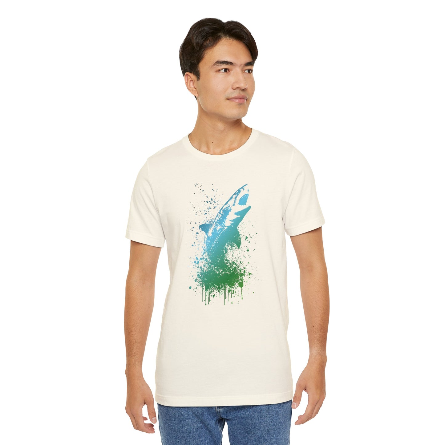 Great White Graphic Tee — Blue & Green Watercolor Shark T‑Shirt