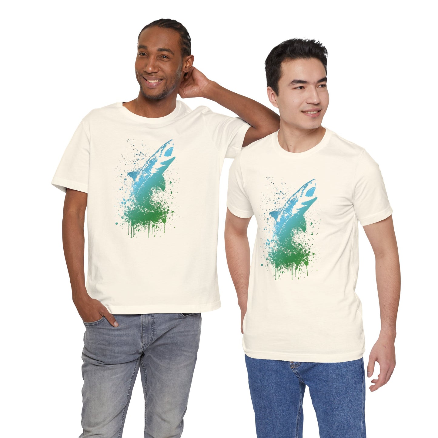 Great White Graphic Tee — Blue & Green Watercolor Shark T‑Shirt