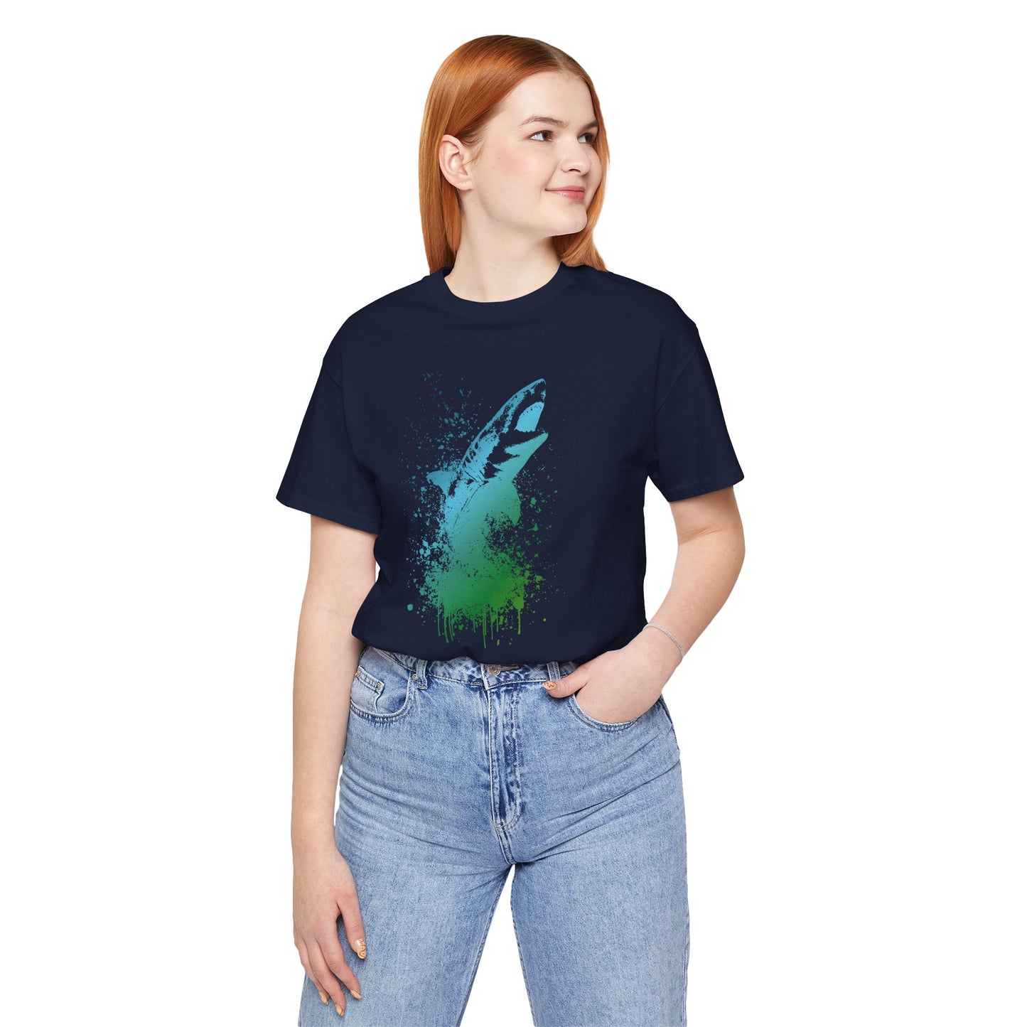 Great White Graphic Tee — Blue & Green Watercolor Shark T‑Shirt