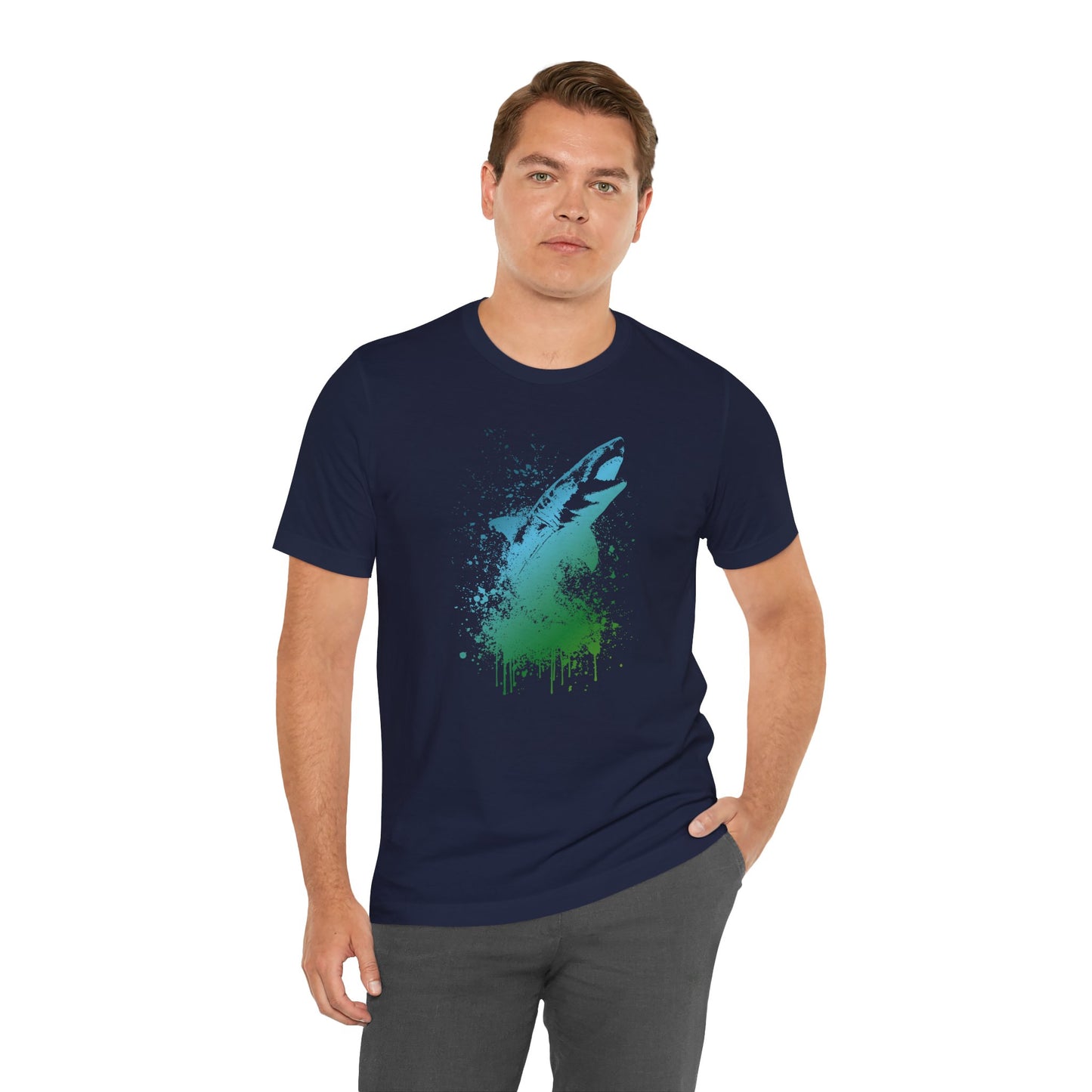 Great White Graphic Tee — Blue & Green Watercolor Shark T‑Shirt